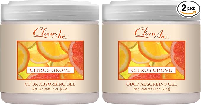 Clear Air Odor Absorber Gel - 15 oz, Pack of 2 - Air Freshener Absorbs and Eliminates Odors in Bathrooms, Cars, Boats, RVs and Pet Areas - Made with Essential Oils - Citrus Grove Scent