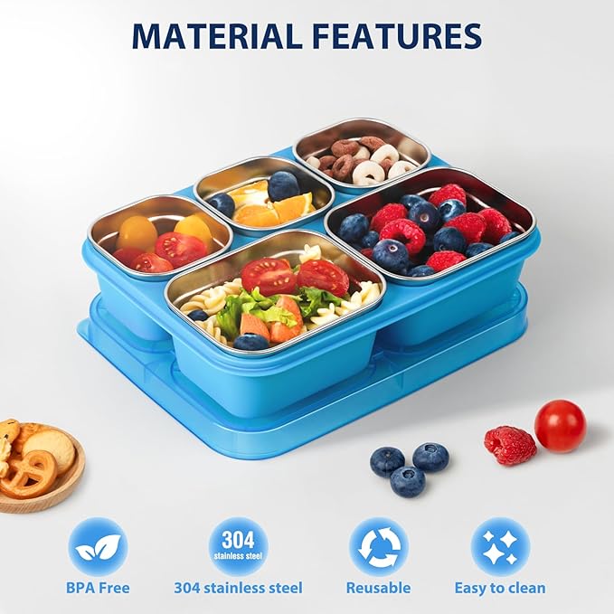 Stainless Steel Snack Containers - 2 Pack, BPA-Free Lunch Bento Box with 5 Compartment, Reusable Food Storage Snackle Box for School, Work, and Travel, Dishwasher Safe (Pink)