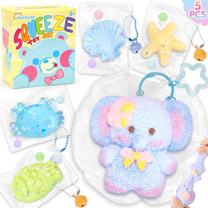 Squishies Toys Set 5PCS, Squeeze Toys Soft Elephant Starfish Seashell Crab Sensory Fidget Toys for Stress Anxiety Relief, Sticky Toys Party Favors Birthday for Boys and Girls