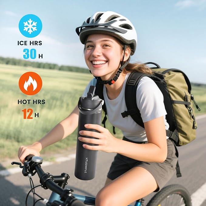 24oz Insulated Travel Water Bottle - Stainless Steel, Leakproof - Keep Hot for 12hrs & Cold for 30hrs - for Outdoors, Sports, Bike, Gym, Marathon - Gift for Women, Men (Black)
