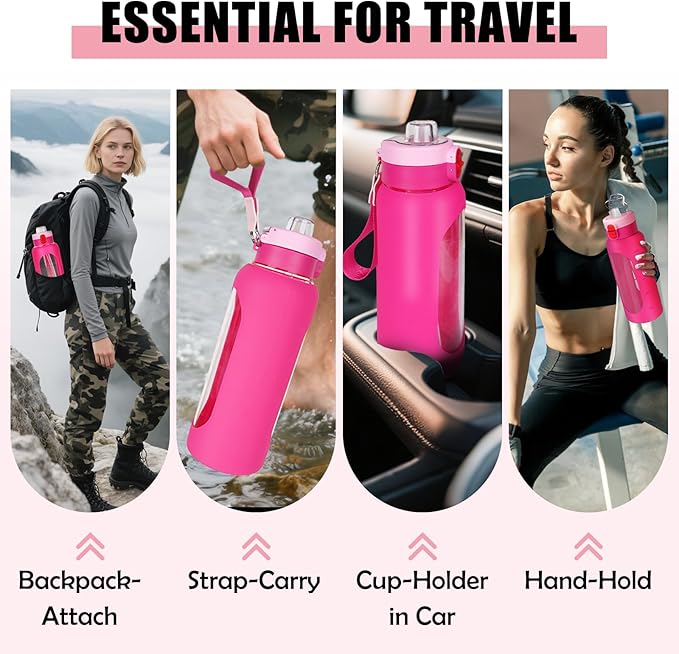 ANOTION 40OZ Glass Water Bottle, Large Sports Water Bottle with Dual-Drink Lid Clear Leakproof Glass Bottles with Straw, Motivational Jug with Silicone Sleeve and Time Marker for Travel Gym-Pink