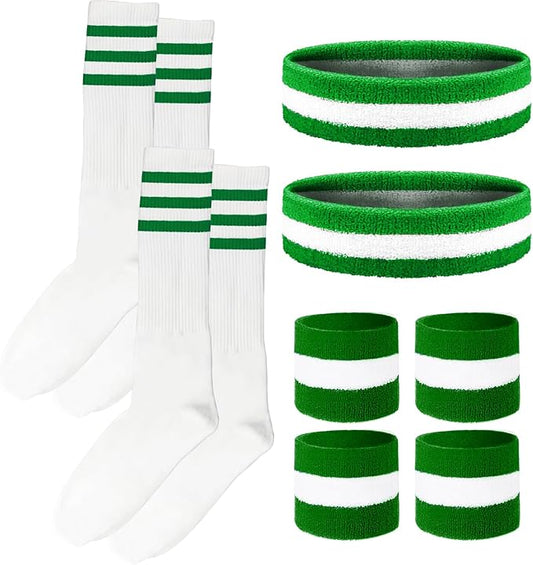 10 Pieces Striped Sweatbands and Striped Socks Set Headbands Wrist Sweat Bands for Men and Women Sports 80s 90s Fitness