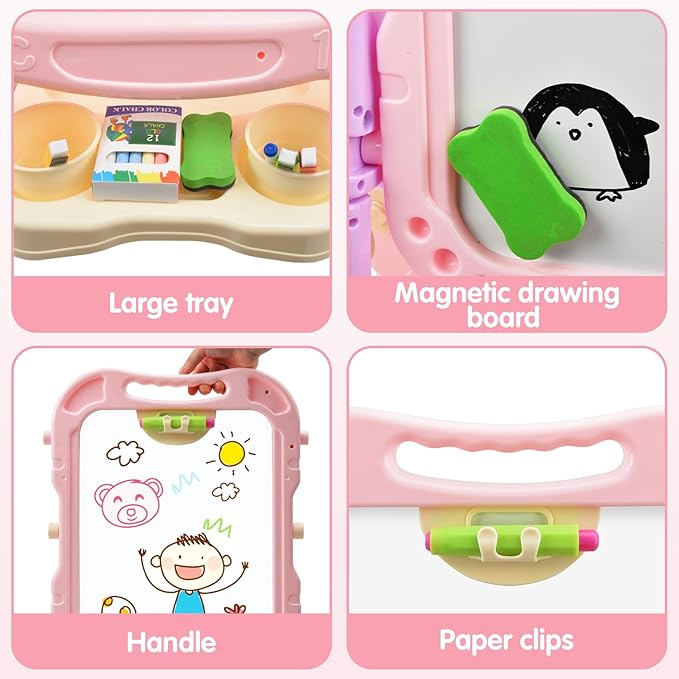 Amagoing Easel for Kids, Adjustable Standing Art Easel for Toddler, Double Side White Chalk Board with Painting Accessories, Birthday Christmas Gift for Little Girls and Boy Age 3 4 5, Pink