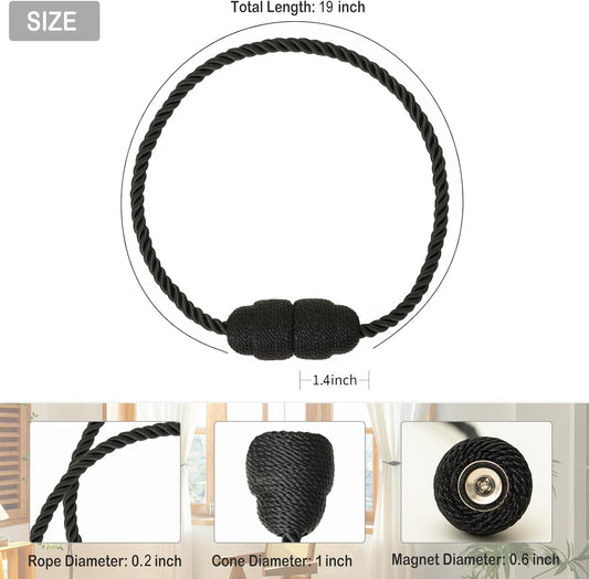Magnetic Curtain Tiebacks - 2 Pack Rope Curtain Tiebacks for Drapes and Decorative Window Holdbacks, Black