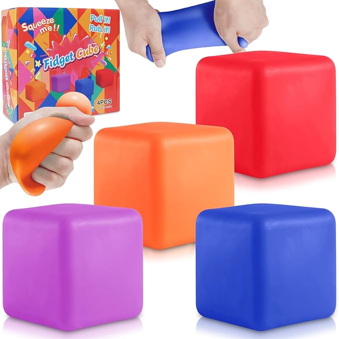 Fidget Toys Stress Cube, 4Pcs Stress Balls Bulk for Kids and Adult, Slow Rising Stress Ice Cube, Dough Stress Balls Soft Fidget Squishy Toys for Anxiety Relief, Square Ball (4PACK)