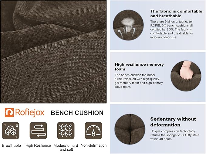 Bench Cushion 45 Inch - Chenille, High-Density Memory Foam, Non-Slip Bottom, Soft Durable Indoor Tufted Long Seat Cushion for Window Garden Furniture (Deep Brown, 45x18x4 Inch)