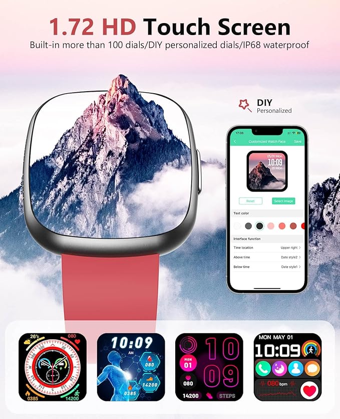 Smart Watches,Blood Oxygen Monitor, 1.72" HD Touch Screen Fitness Watch, Heart Rate Sleep Pressure Monitoring, 100+ Sports Modes, IP68 Waterproof Fitness Tracker, Compatible with Android and iOS,Red