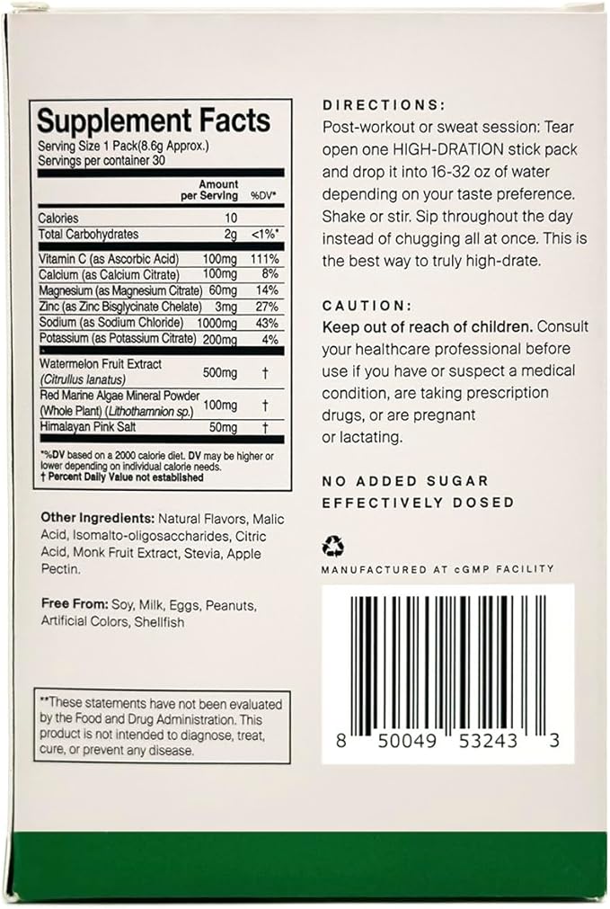 HigherDOSE HIGH-DRATION Electrolytes Powder – Replenishes & Energizes with Real Watermelon, Magnesium, Vitamin Complex & Coconut Water – Post Workout Recovery - No Added Sugar (30 Servings)