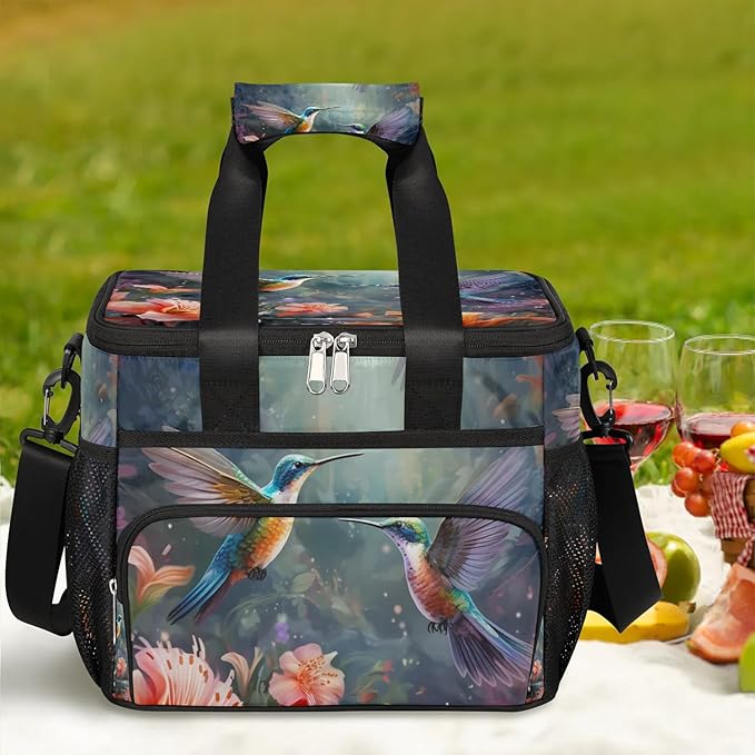 Insulated Cooler Lunch Bag,Animal Hummingbird Flower Reusable Lunch Box for Office Picnic Work School,Leakproof Large Cooler Tote Bags for Adult Men Women