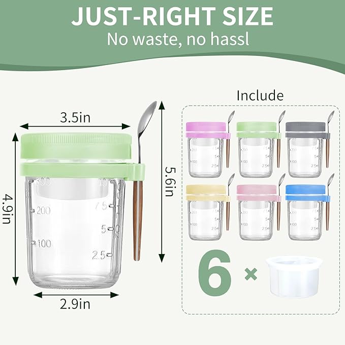 6 Pack Overnight Oats Containers with Lids, Spoons, Divided Compartments - 16 oz Glass Wide Mouth Mason jars, BPA-free, Leak Proof - Meal Prep Jars for Yogurt Parfait, Chia Pudding, Oatmeal