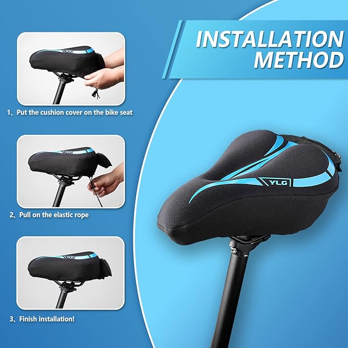 YLG Bike Seat Cover, Memory Foam & Gel Bike Seat Cushion Cover for Men Women, Comfortable Bicycle Seat Cover for Peloton/Fixed/Cruiser/Indoor/Outdoor Bike seat with Waterproof Cover