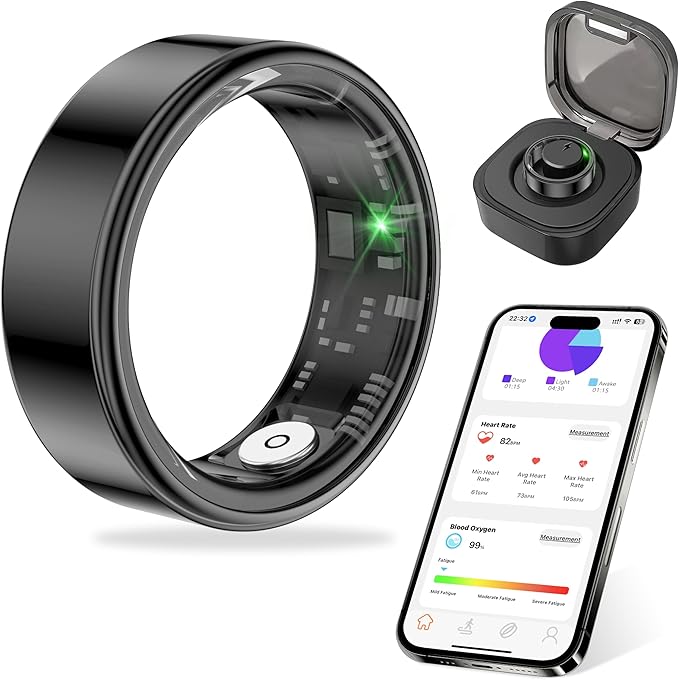Thin Smart Ring for Fitness & Health Tracking -Pedometer,Sleep/Heart Rate/Blood Oxygen Monitor, Gesture Control / 5ATM Waterproof -No APP Subscription Compatible with Smart Phone (Black, 9)