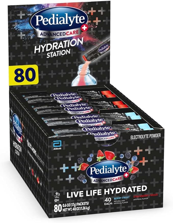 Pedialyte AdvancedCare Plus Electrolyte Powder, Has 33% More Electrolytes and PreActiv Prebiotics, Hydration Station Variety, 80 Powder Packets