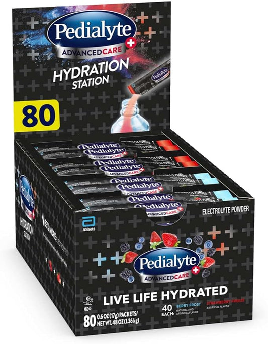 Pedialyte AdvancedCare Plus Electrolyte Powder, Has 33% More Electrolytes and PreActiv Prebiotics, Hydration Station Variety, 80 Powder Packets