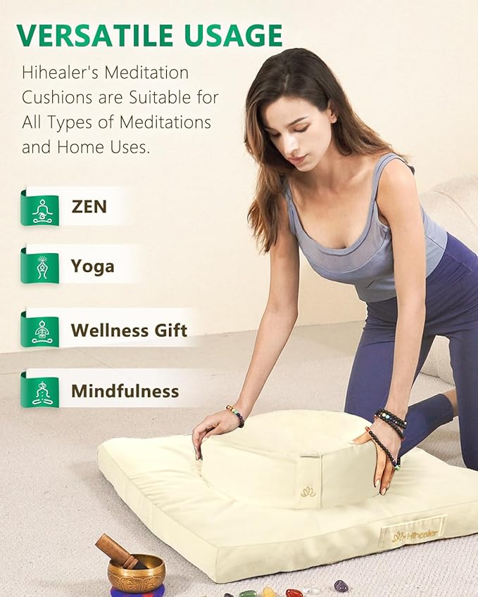 Hihealer Meditation Cushion Set Large Velvet Floor Pillow & Traditional Tibetan Yoga Bolster for Adults Zafu Meditation Mat with Buckwheat Filling (Cream)
