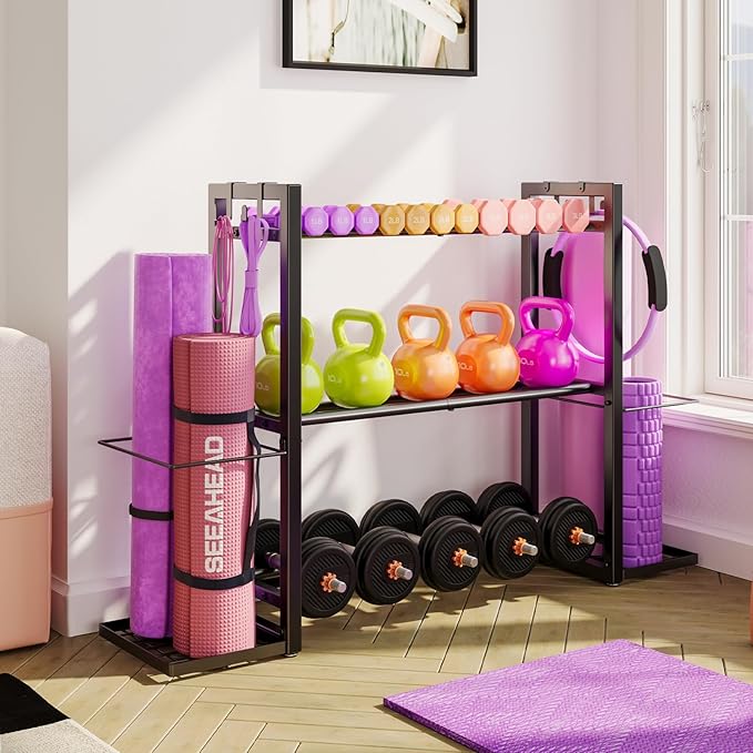 3-Tier Adjustable Dumbbell Rack Heavy Duty Metal Storage Rack, Dumbbell Weight Rack and Kettlebells Rack, Yoga Mat Organizer, Multi-Purpose Gym Equipment Storage Stand for Home Gym Accessories