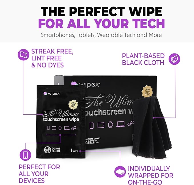 Wipex Ultimate Car Screen Cleaner - 48ct Auto Screen Wipes, Streak-Free & Residue-Free, Plant-Based Black Cloth for Interior, Mirrors & Dashboard, 24ct Individually Wrapped (Pack of 2)