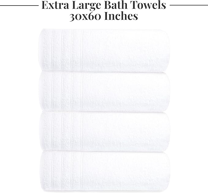 Tens Towels Pack of 4 Extra Large Bath Towels 30 x 60 Inches, 100% Cotton, Larger & Lighter Weight, Quicker to Dry, Super Soft and Absorbent, Perfect for Bathroom, White
