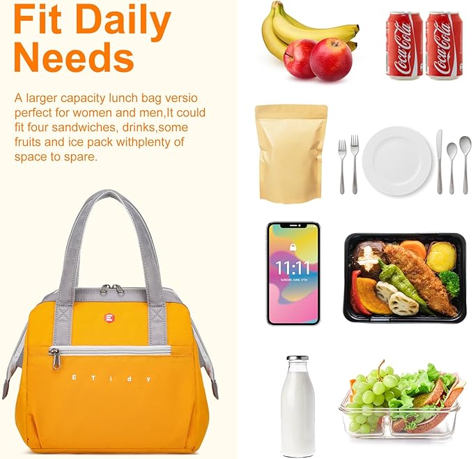 ETidy Fashionable & Lightweight Reusable Lunch Bag Large Capacity Waterproof & Leak Proof Lunch Box Insulated Cooler Lunch Tote For Women Adult To Work Travel Outdoor(Yellow)