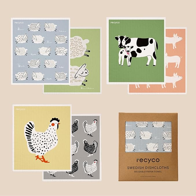 RECYCO Swedish Dishcloths for Kitchen | 6 Pack Farmhouse Friends Washable Dish Rags | Cellulose Reusable Cleaning Paper Towels | Absorbent Counter Dish Cloth Sponge Kitchen Wipes, 8" L x 7" W