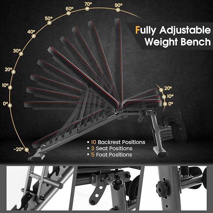 GYMAX Adjustable Weight Bench, 660lbs Strength Training Bench Press for Full Body Workout, Commercial Grade Decline Incline Flat Exercise Bench w/Built-in Wheels for Weight Lifting Fitness Equipment