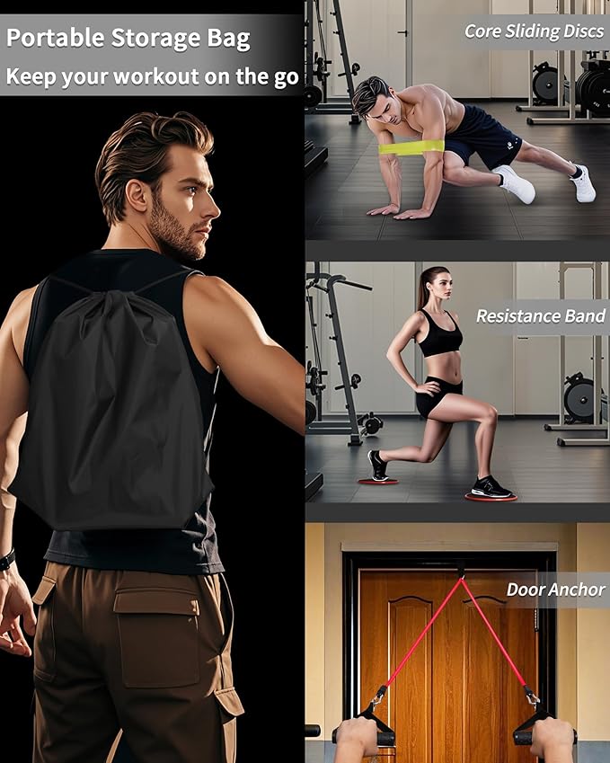 Home Gym Exercise Equipment - Portable Workout System 17 Fitness Accessories 9 in1 Push Up Board Set, Resistance Bands with Pilates Bar Strength Training Abs Shoulders