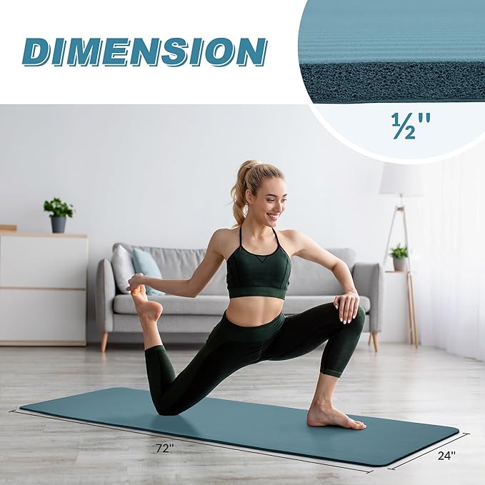 Quality Exercise Yoga Mat, 1/2-Inch Thick High-Density Foam for Full-body workout, Anti-Tear and non-slip Surface, Includes Carry Strap for Home & Studio Workouts,Multiple Options