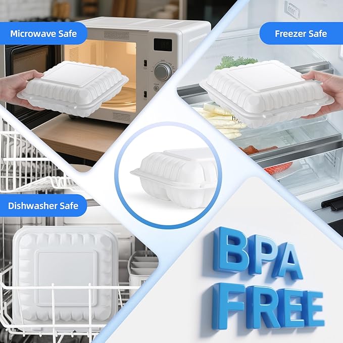 YANGRUI Food Containers 9" 41 oz 100 Pack - Mineral Filled BPA Free Polypropylene Plastic | Shrink Sealed | Reusable Dishwasher Freezer & Microwave Safe | Stackable Design 3 Compartment Takeout Boxes