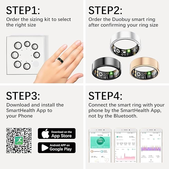 Smart Rings for Women Men, Fitness Ring with Heart Rate, Blood Oxygen, HRV, Pressure, Sleep Tracker, Step Tracker, No Subscription Fee, IP68 Waterproof Smart Ring for iPhone & Android (Gold 7#)