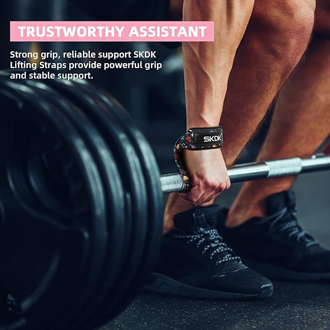 SKDK Cotton Hard Pull Wrist Lifting Straps Grips Band-Deadlift Straps with Neoprene Cushioned Wrist Padded and Anti-Skid Silicone - for Weightlifting, Bodybuilding, Xfit, Strength Training