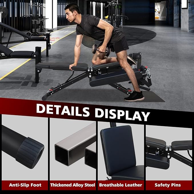 Multifuntional Weight Bench,600LB Strength Training Bench, Adjustable Foldable Workout Bench Press for Full Body Strength Training, Incline Decline Bench with Fast Folding