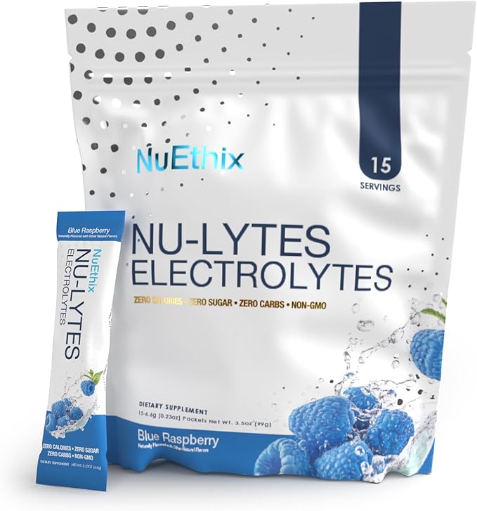 NuEthix Formulations NU-LYTES Electrolytes Hydration Packets, Zero Calories, Zero Sugar, Zero Carbs, Non-GMO, Electrolytes Powder Packets, Glycogen Replenishment, 15 Servings (Blue Raspberry)