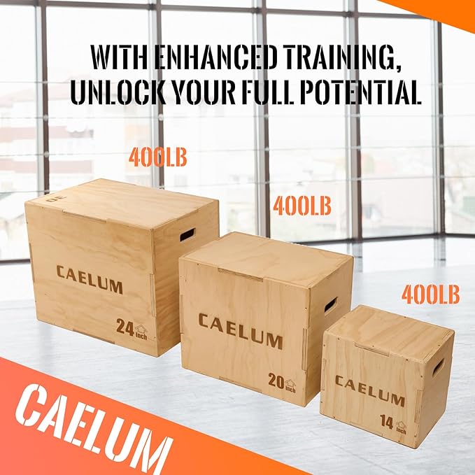 CAELUM 3-in-1 Wood Plyo Box - Non-Slip Plyometric Jump Box for Home & Gym, 400lbs Bearing Fitness Launch Box for Jumping Squats Step-ups Strength Training