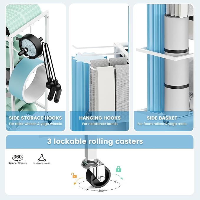 Yoga Mat Storage Rack,Home Gym Storage Rack Gym Workout Equipment Storage Organizer Fitness Weight Rack on Wheels for Yoga Mat,Yoga Block,Foam Roller,Resistance Band,Dumbbell,Kettlebell and Other Workout Accessories