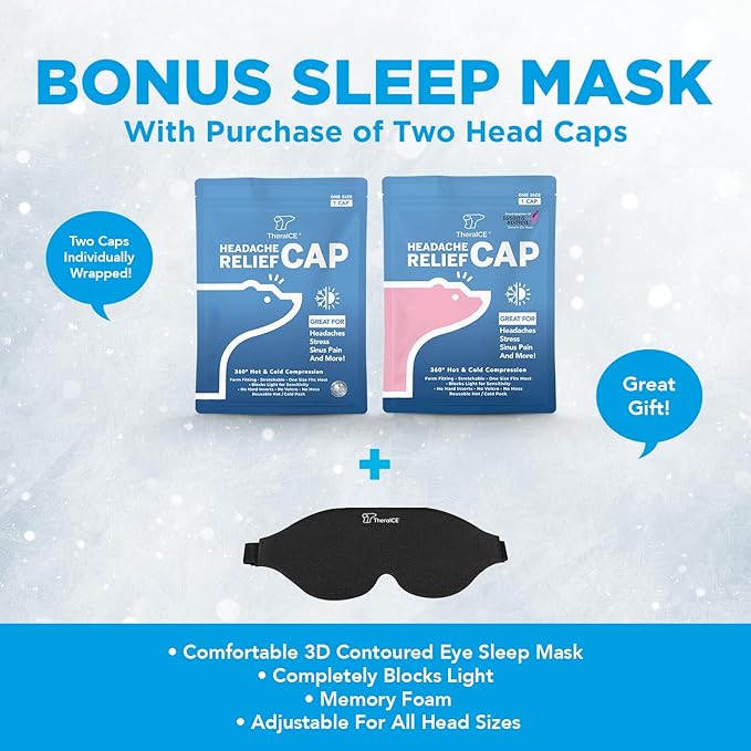 TheraICE Migraine Relief Cap, Soothing Headache Ice Pack Mask Products, Cooling Gel Hat, Face Cold Compress Head Wrap for Tension, Stress & Hangover