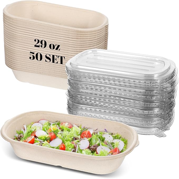 50 Pack 29 Oz Disposable Paper Meal Prep Containers with Lids Durable Compostable Paper Bowls Disposable Takeaway Food Containers Microwave Safe & Freezer Safe For Meal Preparation & Food Packaging