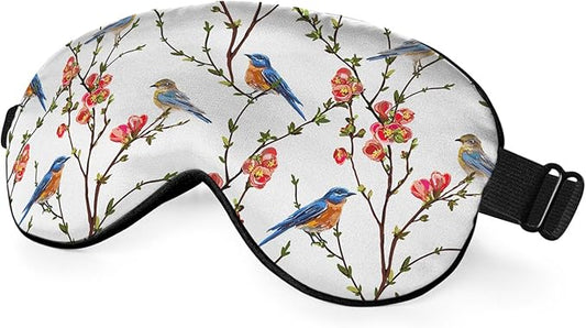Cute Blue Birds Sleep Eye Mask Eye Cover Tree Branch Green Leaves Red Flower Silk Eye Mask for Sleeping with Adjustable Strap for Travel Nap Shift Work Office