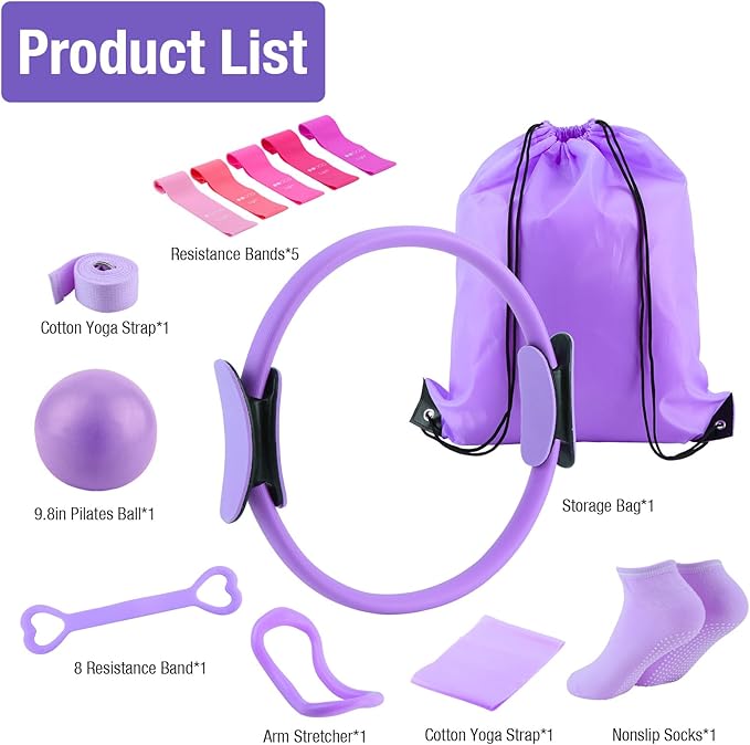 ASIEIT Home Pilates Kit for Women, Pilates Ring and Ball Set with 5 Resistance Bands, 9.8β Ball, 14.96'' Magic Circle, Pilates Equipment Set for Strength, Toning and Flexibility