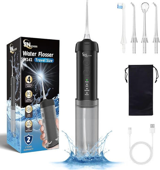 Mini Portable Water Flosser Oral Irrigator Water Teeth Cleaner Pick, Telescopic Water Tank, 4 Modes & IPX7 Waterproof, Home & Travel Water Flossers for Teeth, Braces Bridges Care. (Black)