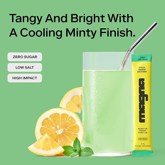 MAGNA Electrolyte Powder Drink Mix for Hydration, Energy & Focus Support with Magnesium L Threonate, Sodium, Potassium, Vitamin D, B6 & B12, Sugar Free, Mint Lemonade Flavor, 28 Servings