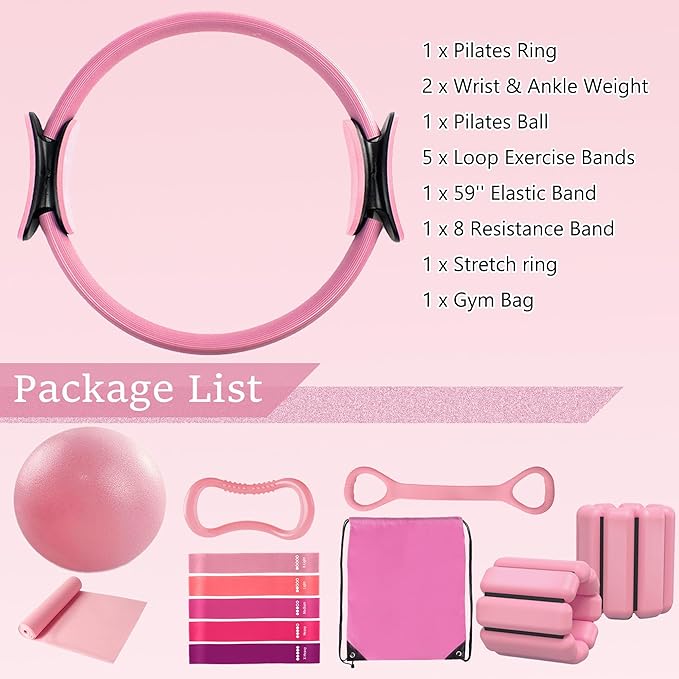 Pilates Kit Pilates Essentials Kit for Women 13 PCS Pilates Ring and Ball Set with Resistance Band,Adjustable Ankle Wrist Weights,Stretch Ring,Exercise Bands,Pilates Equipment for Home Workouts