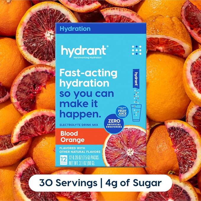 Hydrant - Hydrate Electrolyte Powder, Blood Orange Flavor, 12 Rapid Hydration Individual Stick Packs - Low Sugar Drink Mix for Daily Use, Travel & Workouts