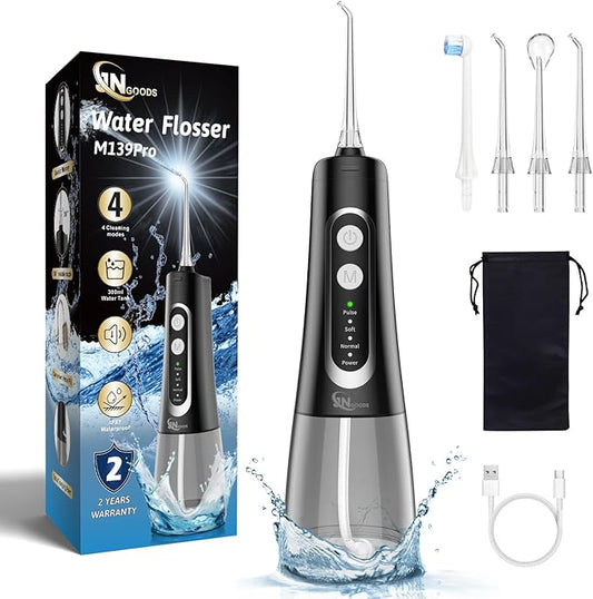 Cordless Water Dental Flosser oral irrigator,JNGOODS 300ml Rechargeable water flosser for teeth IPX7 Waterproof 4 Modes portable Oral Irrigator with 4 jet tips, Travel Home use (Black)