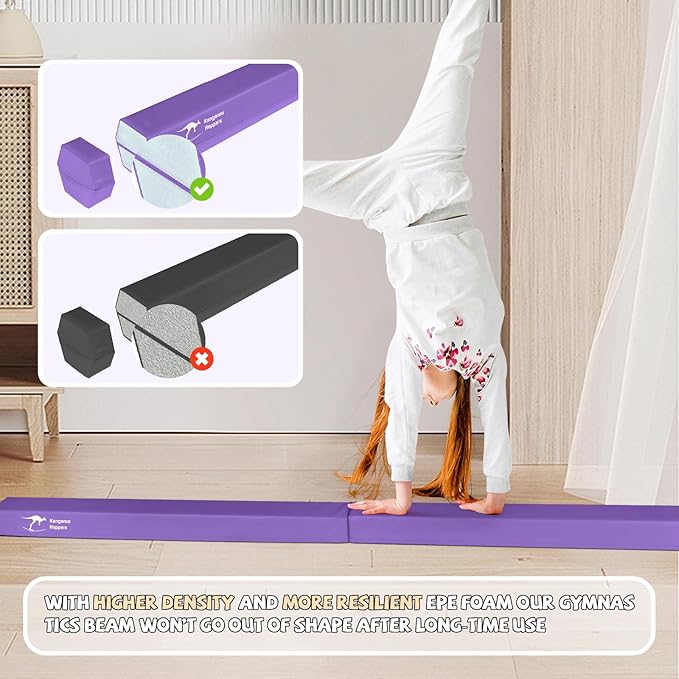 Kangaroo Hoppers 8FT Kids Balance Gymnastics Beam for Kids, Folding Extra Firm Foam Floor Beam for Beginners, Home Training Equipment with Anti-Slip Base, Carrying Bag