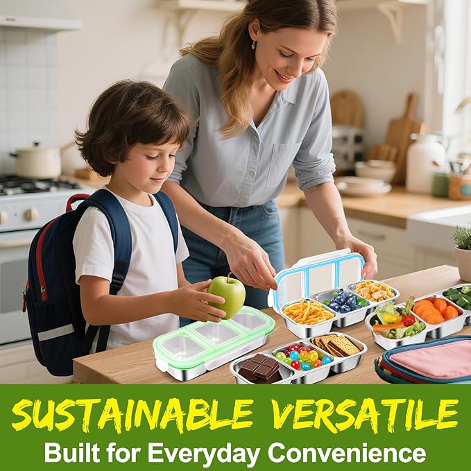 2 Pack Stainless Steel Snack Containers with Lids - Reusable 3 Compartment Snackle Box Container Divide Wet Dry Leakproof Metal Food Storage Containers for School, Home, Travel (Blue + Green)