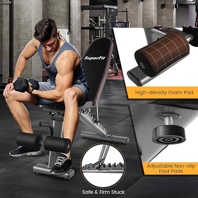 GYMAX Adjustable Weight Bench, 660lbs Strength Training Bench Press for Full Body Workout, Commercial Grade Decline Incline Flat Exercise Bench w/Built-in Wheels for Weight Lifting Fitness Equipment