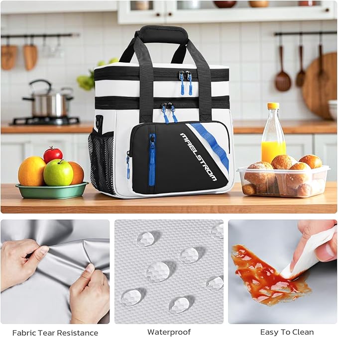 Maelstrom Lunch Box, 20L Insulated Lunch Bag for Men Women, Expandable Double Deck Leakproof Cooler Bag with 6 Pockets, Reusable Lunch Tote Bag for Work, Picnic, Travel, White