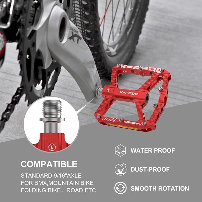 Mountain Bike Pedals MTB Pedals,Bicycle Pedals with Reflectors,Aluminum 9/16" 3 Sealed Bearing Lightweight Platform for Mountain Bike, BMX, Road Bike Pedals