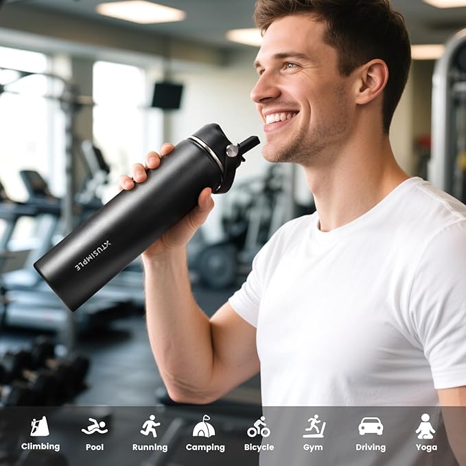 24oz Insulated Travel Water Bottle - Stainless Steel, Leakproof - Keep Hot for 12hrs & Cold for 30hrs - for Outdoors, Sports, Bike, Gym, Marathon - Gift for Women, Men (Black)