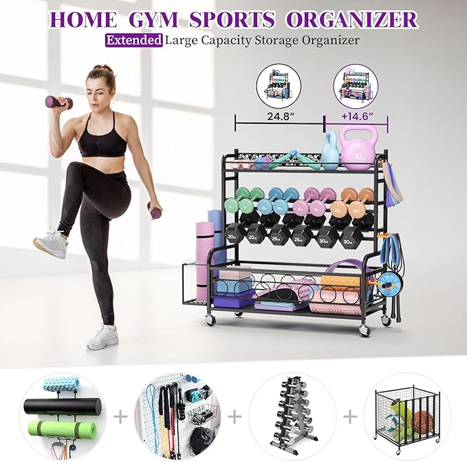 400LBS Dumbbell Rack, VOPEAK Adjustable Weight Rack for Home Gym, Home Gym Storage Rack for Yoga Mat Kettlebells and Strength Training Equipment, Weight Storage Rack for Dumbbells with Wheels
